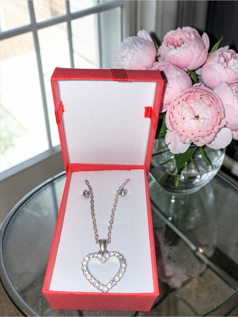 Silver Toned Zirconia Heart Pendant Necklace with Crystals and Earrings -